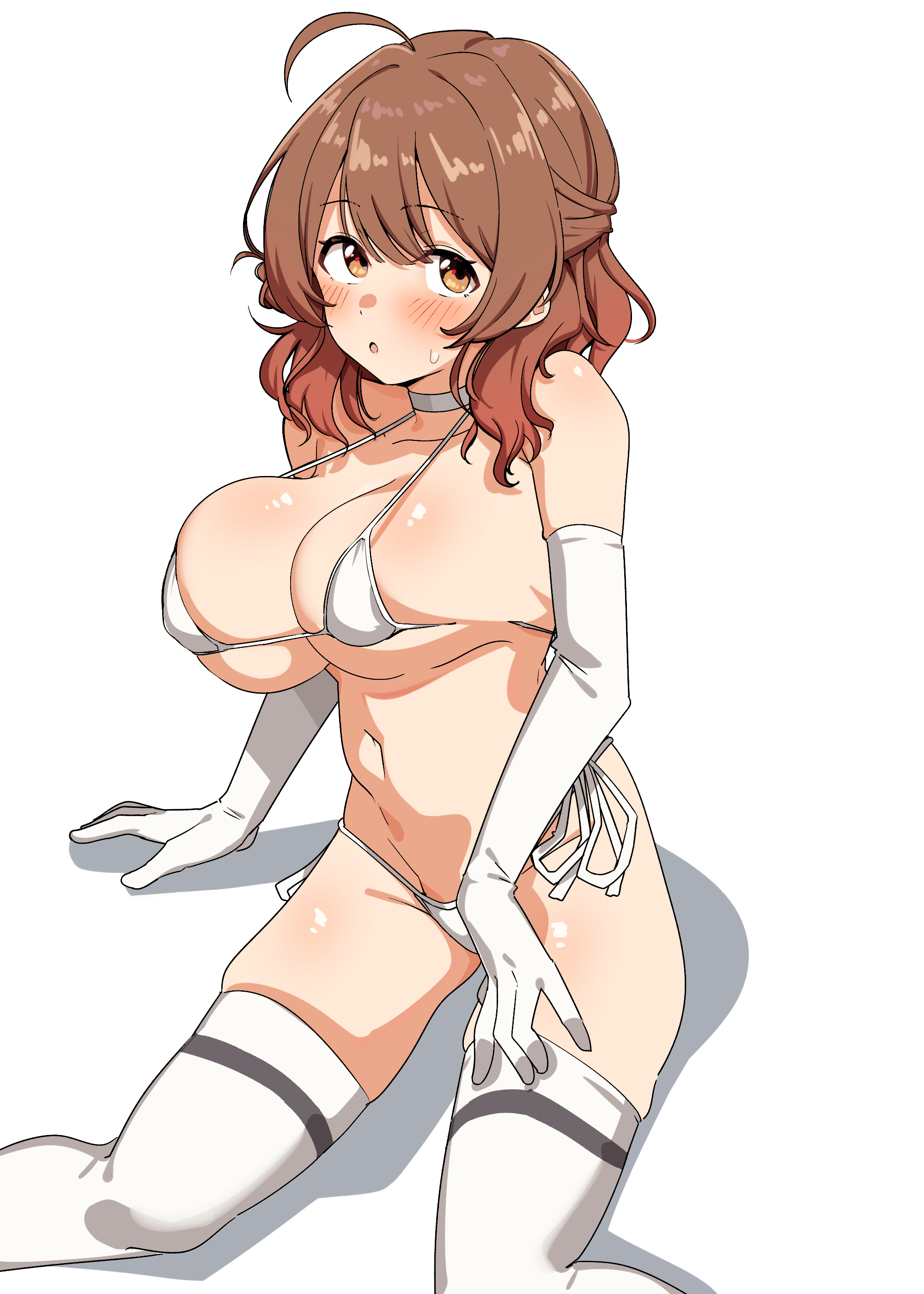 seihekiog, hanami ume, gakuen idolmaster, idolmaster, absurdres, highres, paid reward available, 1girl, :o, ahoge, bare shoulders, bikini, blush, breasts, brown eyes, brown hair, elbow gloves, gloves, large breasts, looking at viewer, medium hair, open mouth, side-tie bikini bottom, simple background, solo, stomach, swimsuit, thighhighs, thighs, white background, white bikini, white gloves, white thighhighs