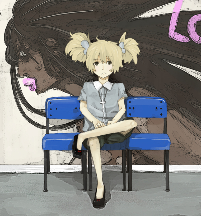 hatchin morenos, michiko to hacchin, bad id, bad pixiv id, 1girl, bench, blonde hair, blue eyes, child, cross, female focus, graffiti, hair ribbon, ribbon, sitting, solo, twintails