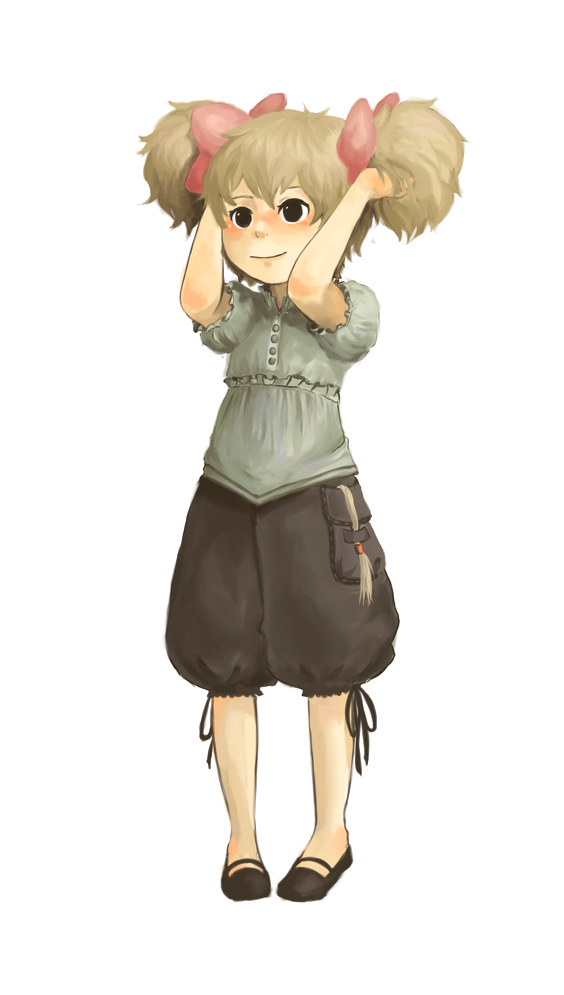 hatchin morenos, michiko to hacchin, bad id, bad pixiv id, 1girl, baggy pants, black eyes, blonde hair, blush, child, female focus, pants, ribbon, smile, solo, twintails