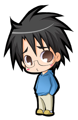 suntail, sakurada jun, rozen maiden, lowres, 00s, 1boy, black hair, brown eyes, chibi, glasses, hood, hoodie, male focus, pac-man eyes, short hair, slippers, solo