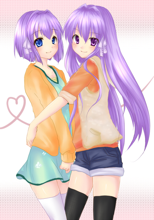 rai (rai-s), fujibayashi kyou, fujibayashi ryou, clannad, 00s, 2girls, blue eyes, casual, dress, long hair, multiple girls, purple eyes, purple hair, short hair, shorts, siblings, sisters, thighhighs, twins, zettai ryouiki
