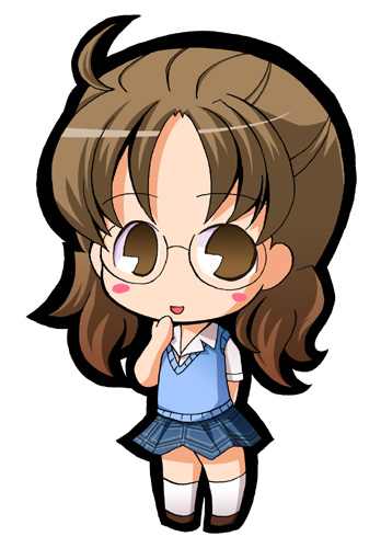 suntail, sakurada nori, rozen maiden, lowres, 00s, arms behind back, blush, brown eyes, brown hair, chibi, covering face, covering own mouth, covering privates, glasses, long hair, pac-man eyes, school uniform, skirt