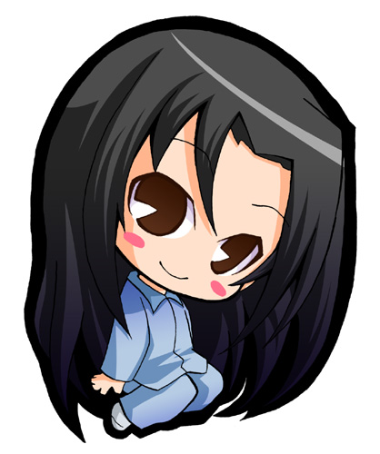 suntail, kakizaki megu, rozen maiden, lowres, 00s, black hair, brown eyes, chibi, long hair, pac-man eyes, pajamas, solo, very long hair
