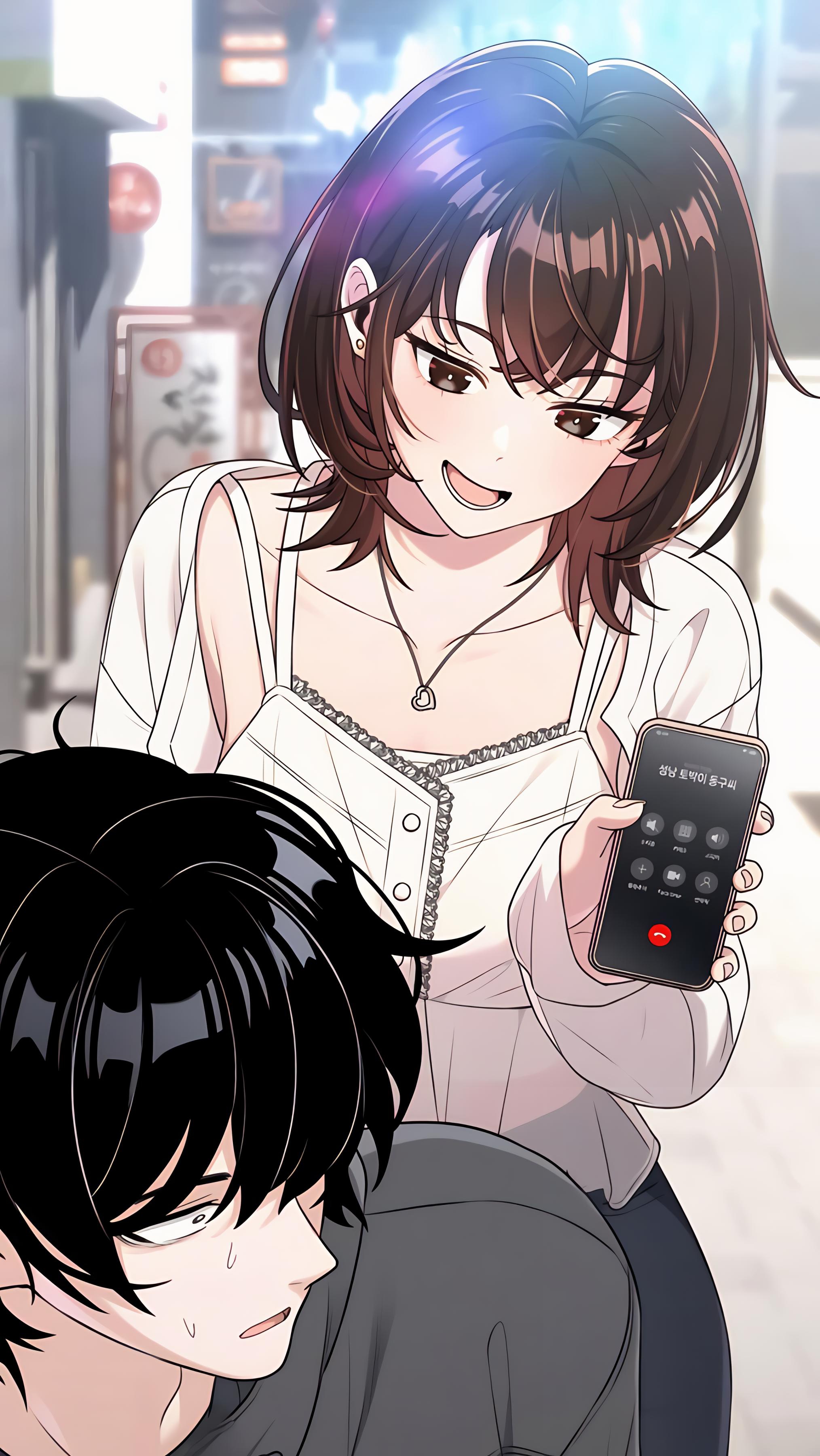 1boy, 1girl, black hair, black shirt, brown hair, couple, grey background, grey eyes, jang chae-rin, job changes log, kang donggu, medium hair, open mouth, shirt, sitting, skirt, sweater, talking, thinking