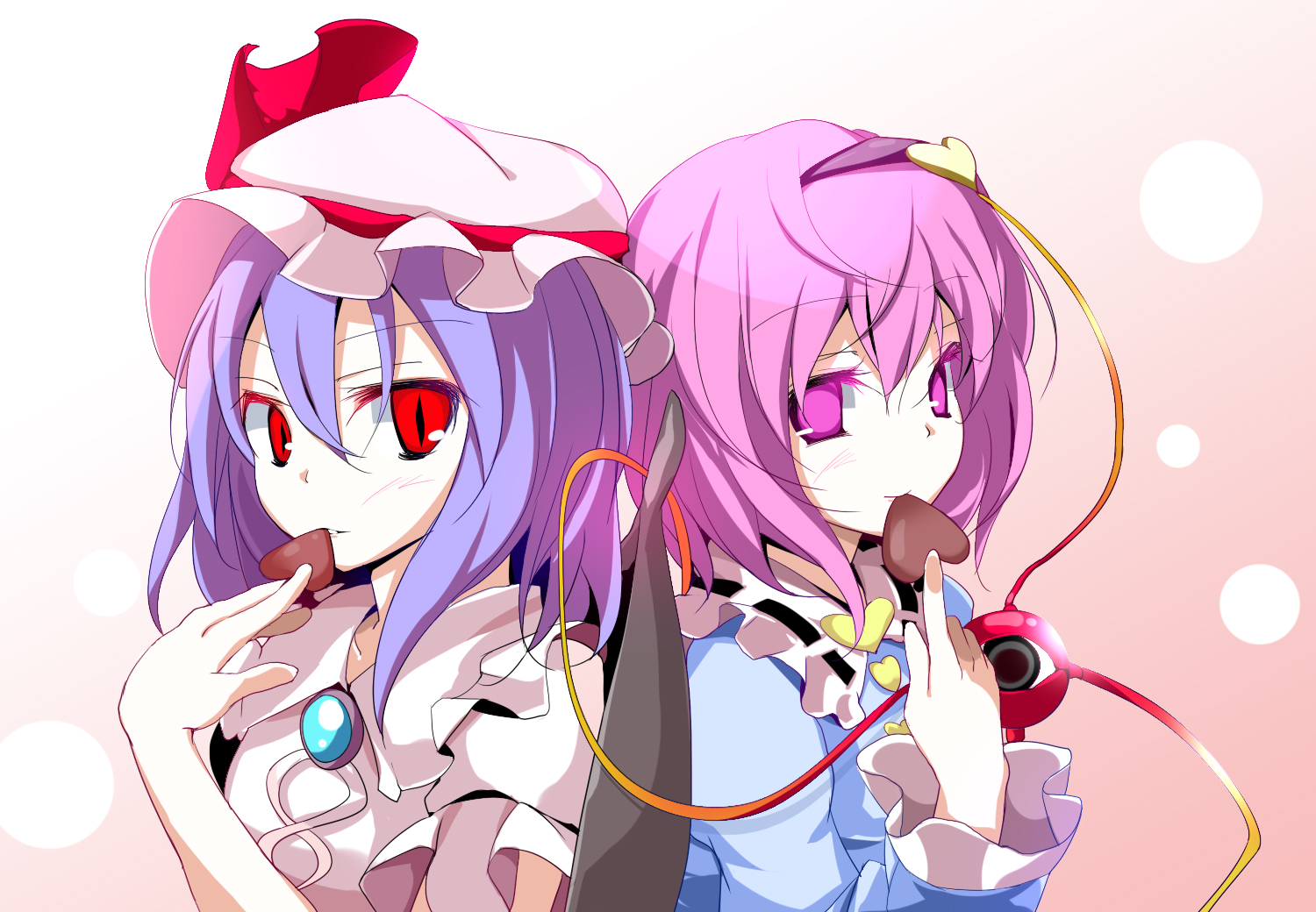oouso, komeiji satori, remilia scarlet, touhou, 2girls, candy, chocolate, chocolate heart, female focus, food, hairband, hat, heart, multiple girls, pink eyes, pink hair, purple hair, red eyes, short hair, valentine
