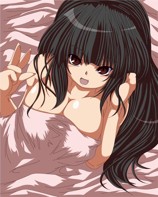 narura, original, bad id, bad pixiv id, bed, big hair, black hair, blanket, blush, breasts, brown eyes, cleavage, large breasts, long hair, sitting, v