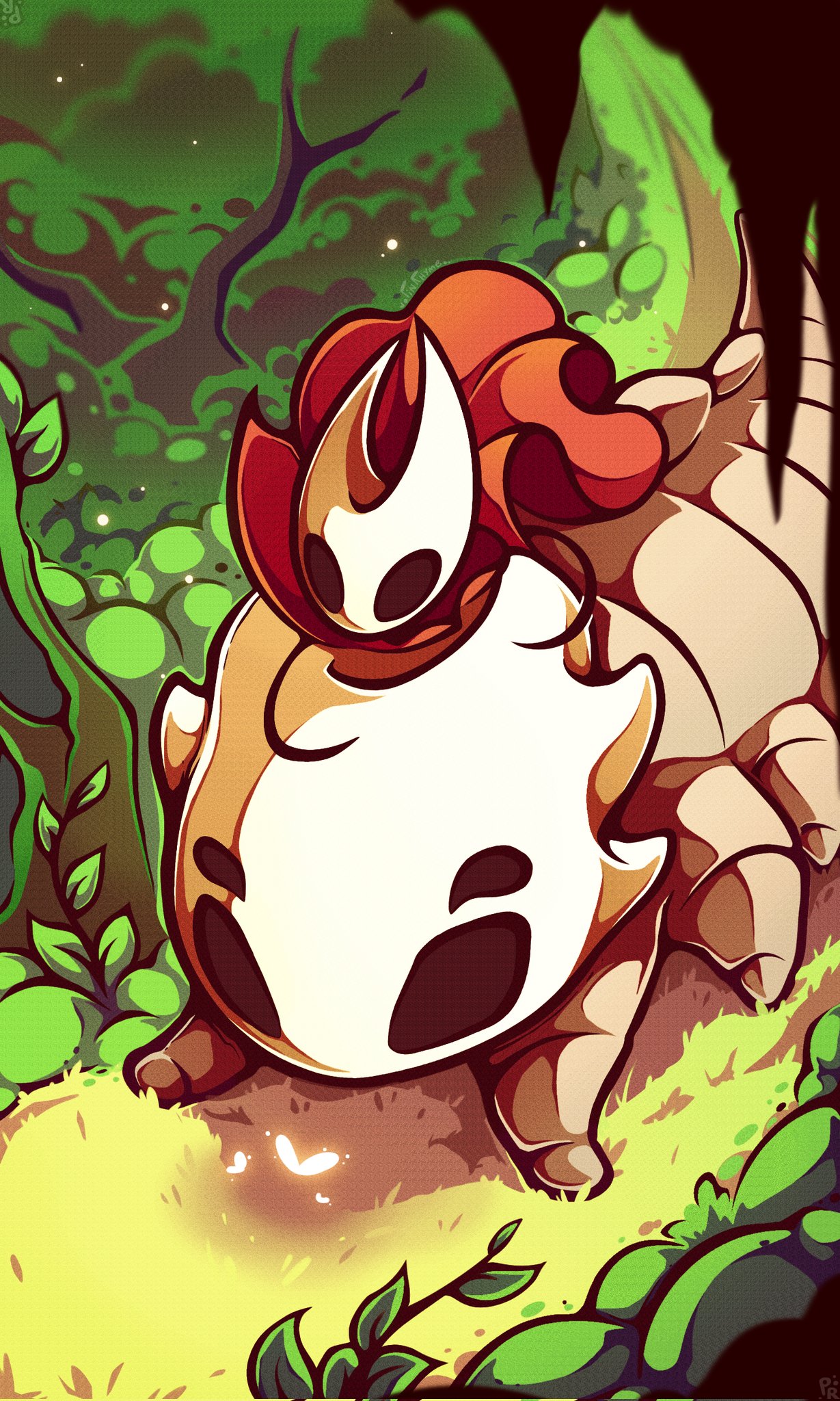 bell beast (hollow knight), hornet (hollow knight), hollow knight, hollow knight: silksong, highres, 1girl, arthropod girl, black skin, bug, butterfly, cloak, colored skin, day, full body, hollow eyes, horned mask, insect, mask, nature, no humans, no mouth, pinrhyme, red cloak, riding, riding animal, white mask