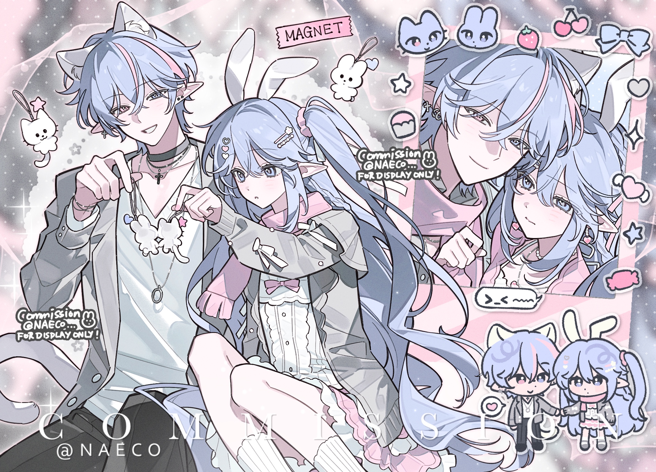 original, highres, 1boy, 1girl, animal ears, black choker, blue eyes, blue hair, bow, cat boy, cat ears, cat tail, chibi, chibi inset, choker, colored tips, dress, evodtonaeco, fake animal ears, grey jacket, hair between eyes, hair ornament, heart, jacket, jewelry, long hair, long sleeves, looking at viewer, multicolored hair, necklace, open clothes, open jacket, pants, paw pose, pink hair, pink scarf, pointy ears, rabbit ears, scarf, shirt, short hair, siblings, smile, streaked hair, tail, twins, twintails, watermark