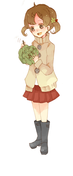 doujima nanako, atlus, persona, persona 4, black eyes, blouse, boots, brown hair, cabbage, child, shirt, short twintails, skirt, smile, solo, turtleneck, twintails, winter clothes