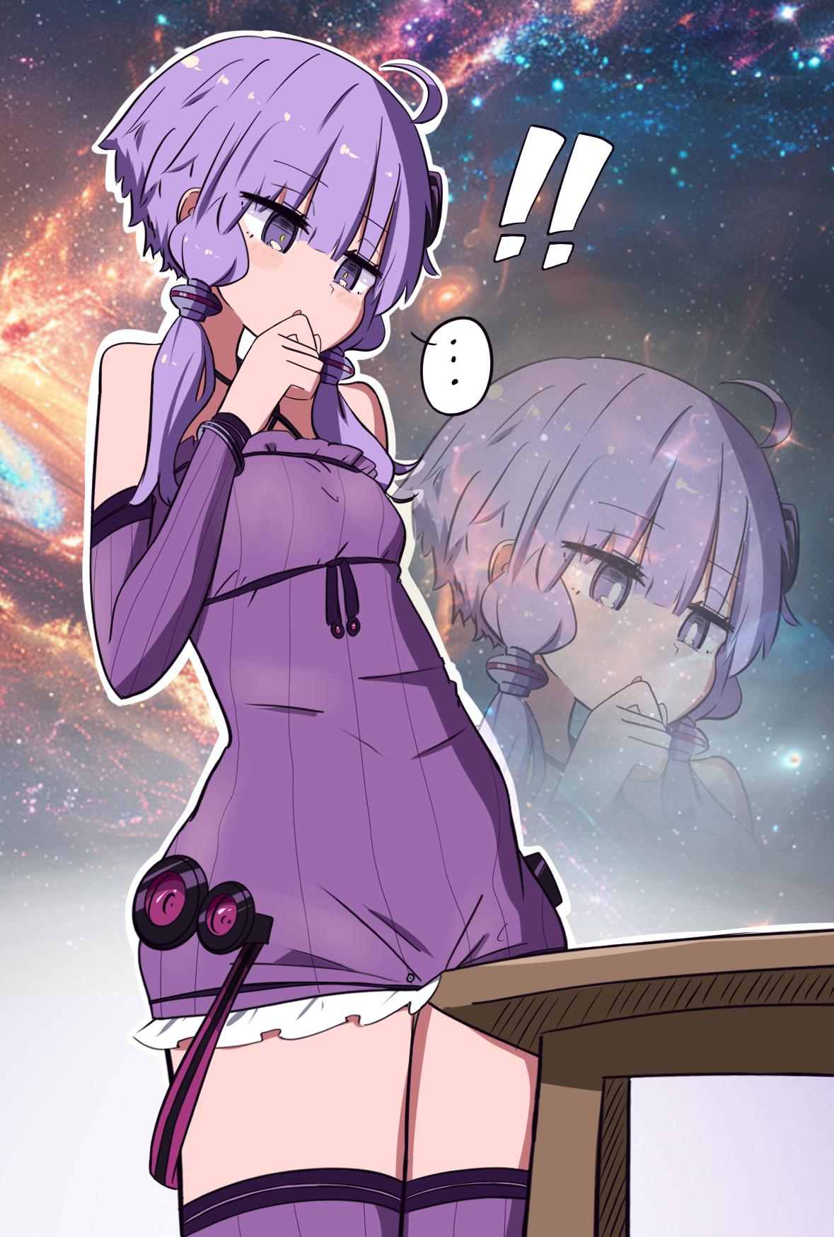kakihito shirazu, yuzuki yukari, vocaloid, voiceroid, commentary request, highres, !, !!, …, 1girl, ahoge, covering own mouth, cowboy shot, crotch rub, detached sleeves, dress, galaxy, hand up, long hair, masturbation, outline, parted lips, purple dress, purple eyes, purple hair, purple thighhighs, solo, space, spoken ellipsis, standing, strapless, strapless dress, table, table humping, thighhighs, thighs, white outline, zoom layer