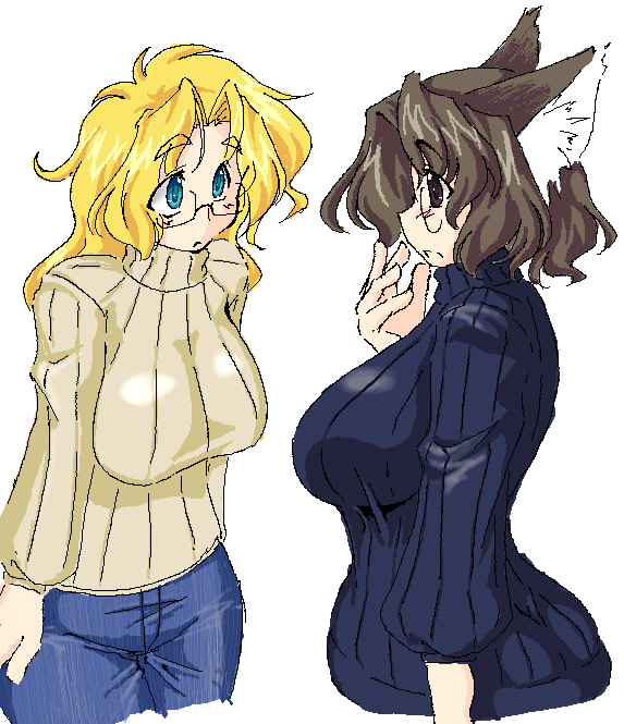 2girls, animal ears, breasts, glasses, large breasts, multiple girls, oekaki, sweater