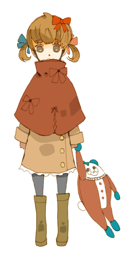 doujima nanako, kuma (persona 4), atlus, persona, persona 4, lowres, boots, brown hair, child, dress, grey eyes, hair ribbon, pantyhose, poncho, ribbon, skirt, solo, stuffed animal, stuffed toy, twintails