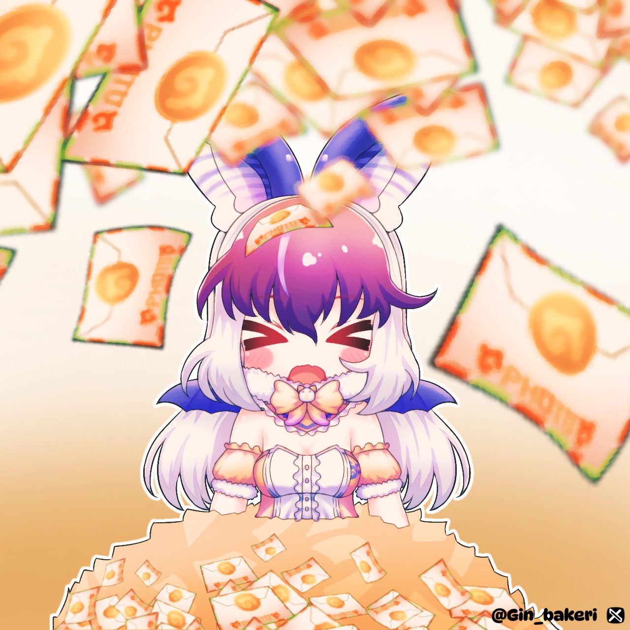 gin bakery, brown long-eared bat (kemono friends), kemono friends, kemono friends v project, highres, 1girl, animal ears, bat ears, bat girl, bat wings, brown hair, closed eyes, elbow gloves, extra ears, gloves, grey hair, japari symbol, leotard, letter, long hair, microphone, orange background, simple background, solo, upper body, virtual youtuber, wings