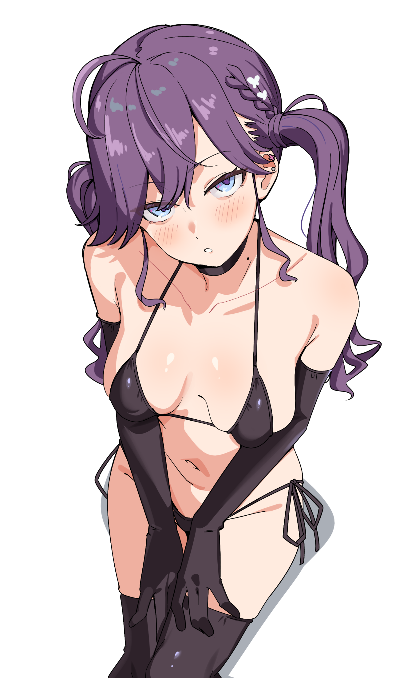 seihekiog, kaya rinha, gakuen idolmaster, idolmaster, highres, paid reward available, revision, 1girl, bare shoulders, bikini, black bikini, black choker, black gloves, black thighhighs, blue eyes, blush, breasts, choker, elbow gloves, gloves, long hair, looking at viewer, medium breasts, mole, mole on neck, navel, parted lips, purple hair, side-tie bikini bottom, sideboob, solo, swimsuit, thighhighs, thighs, twintails, white background