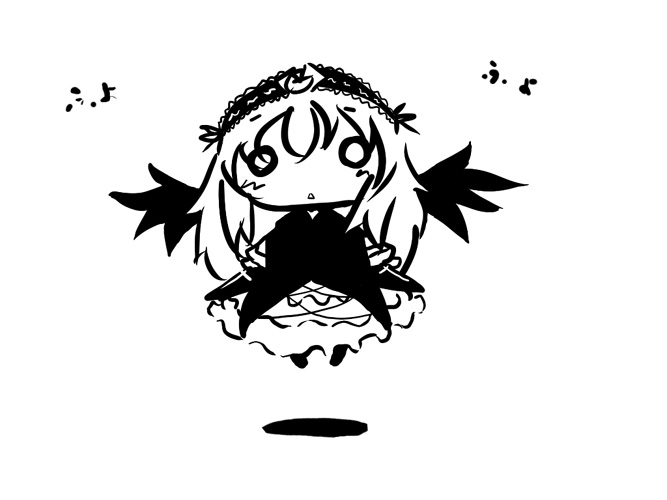amagiku, suigintou, rozen maiden, bad id, bad pixiv id, 00s, chibi, dress, flying, greyscale, hairband, long hair, monochrome, o o, solo, wings