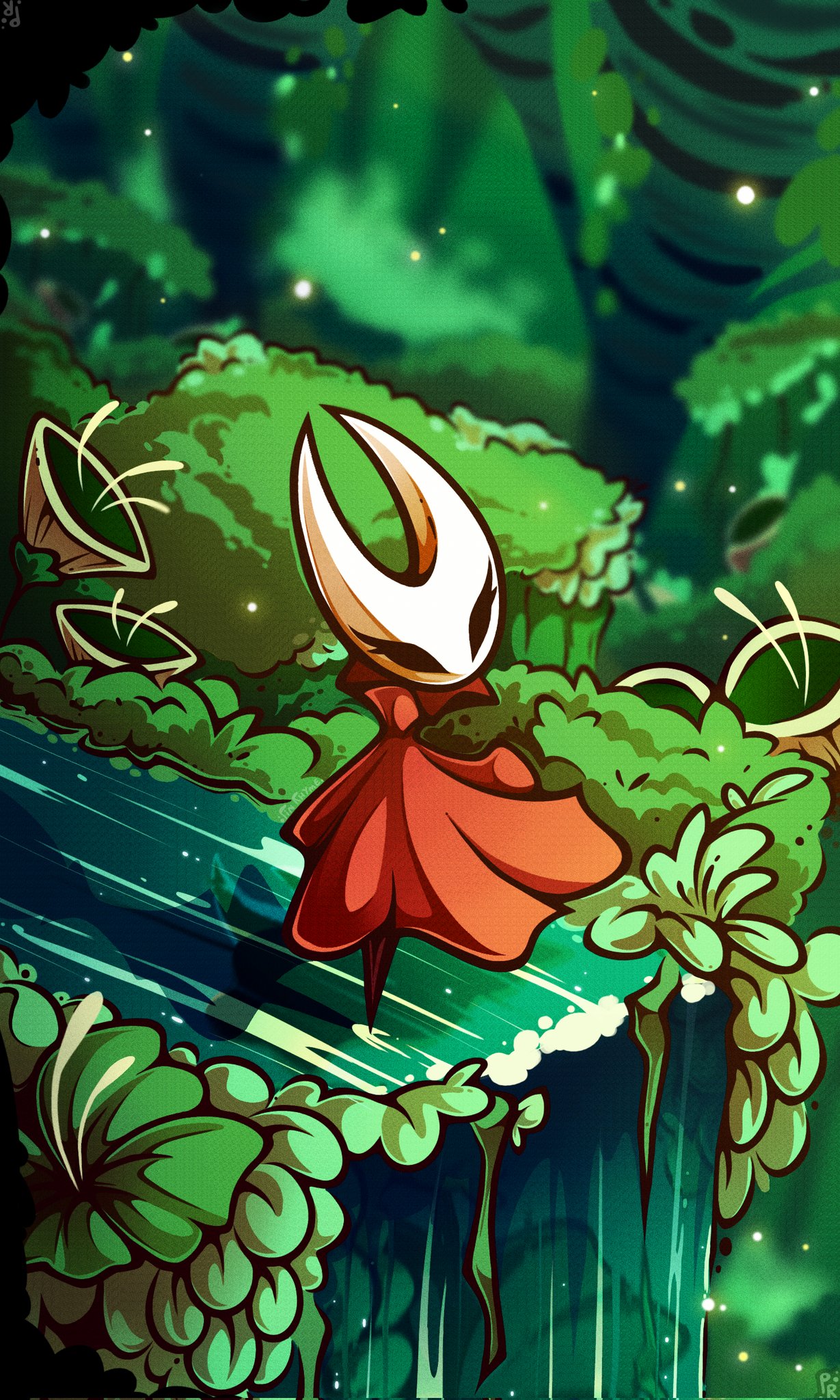 hornet (hollow knight), hollow knight, hollow knight: silksong, highres, 1girl, arthropod girl, artist name, black skin, cloak, colored skin, day, full body, grass, hollow eyes, horned mask, knight, mask, moss, nature, no humans, no mouth, outdoors, pinrhyme, red cloak, standing, water, waterfall, white mask