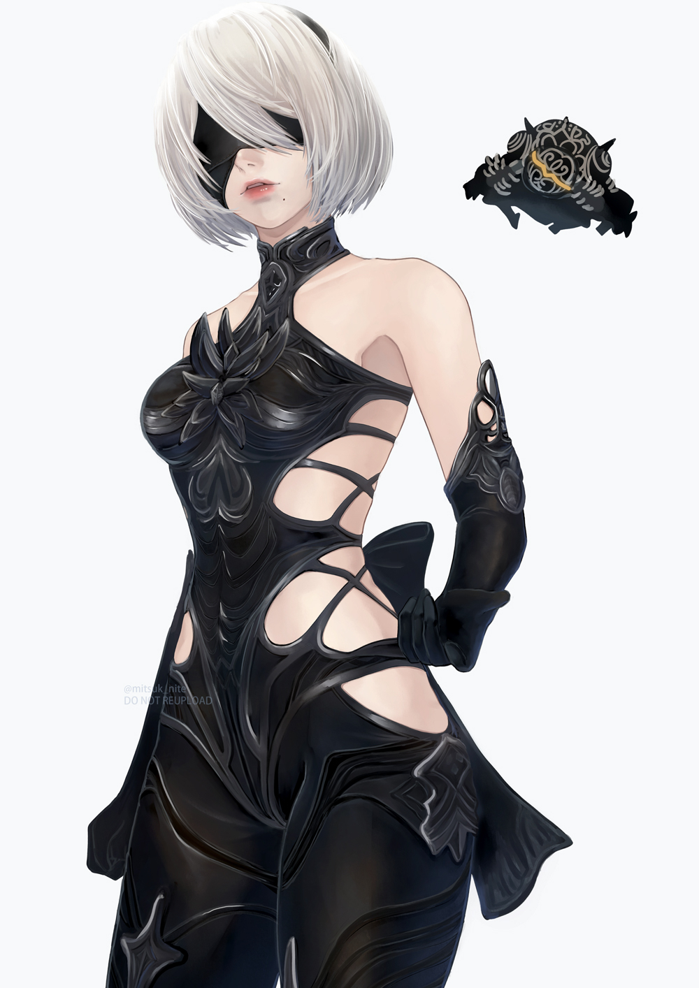 mitsuki nite, 2b (nier:automata), nier:automata, nier (series), highres, 1girl, alternate costume, bare shoulders, black gloves, black hairband, blindfold, clothing cutout, covered eyes, gloves, hairband, mole, mole under mouth, open mouth, short hair, side cutout, sleeveless, solo, standing, white hair