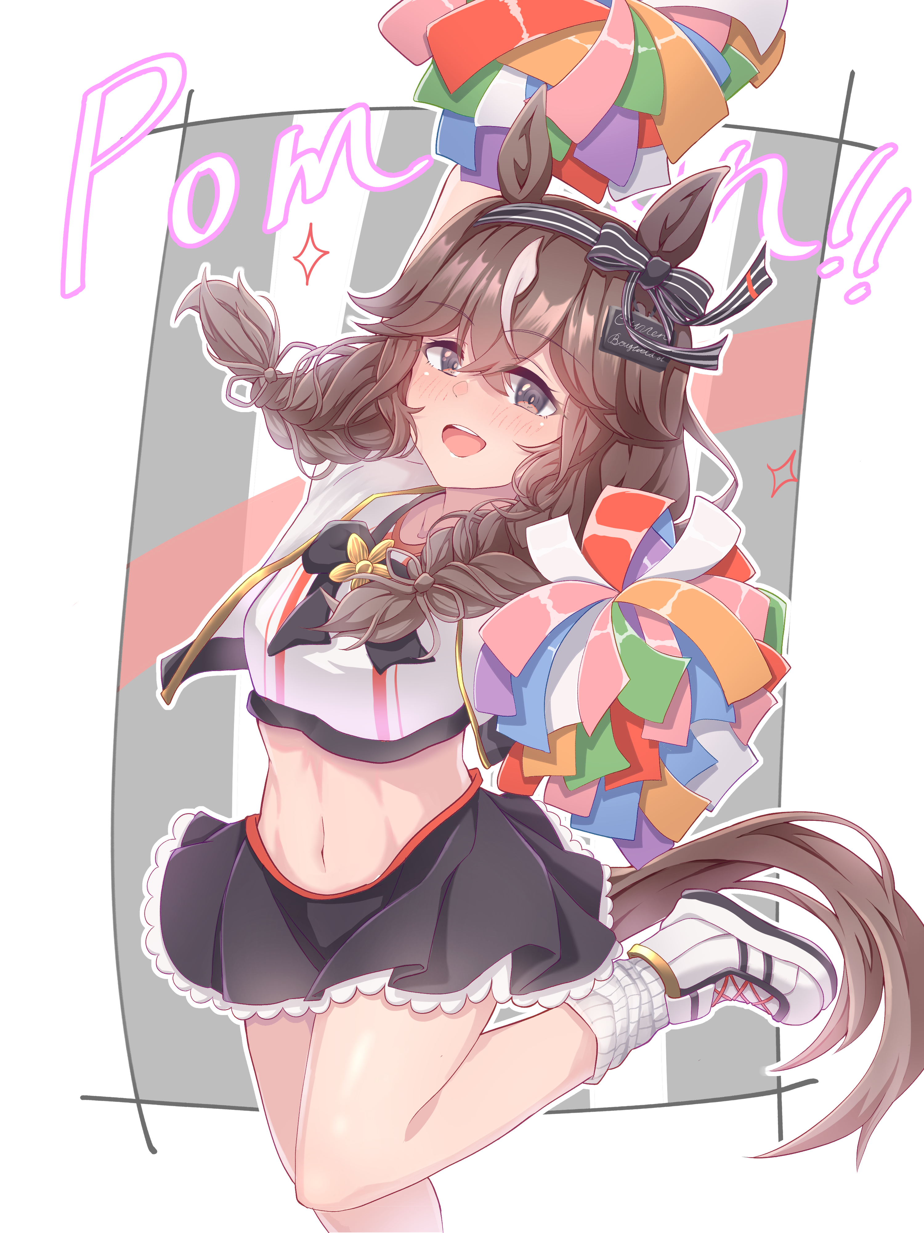 curren bouquetd'or (umamusume), umamusume, absurdres, highres, 1girl, alternate costume, animal ears, braid, brown eyes, brown hair, genkai made pom pon!!, hairband, horse ears, horse girl, horse tail, kumakuma19193, looking at viewer, low twin braids, midriff, navel, open mouth, pom pom (cheerleading), shoes, solo, standing, standing on one leg, tail, teeth, twin braids, upper teeth only