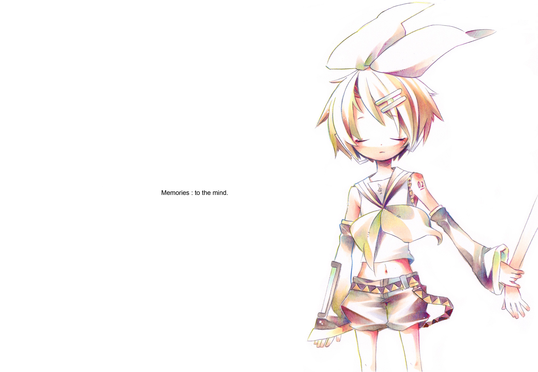 akisame kou, kagamine rin, vocaloid, bad id, bad pixiv id, highres, blonde hair, chibi, detached sleeves, hair ornament, hairclip, headphones, ribbon, solo