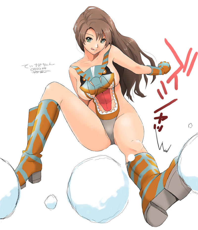 ryouzou, tigrex, capcom, monster hunter (series), 1girl, :q, boots, breasts, brown hair, female focus, gloves, green eyes, large breasts, long hair, signature, simple background, snowball, solo, tongue, tongue out