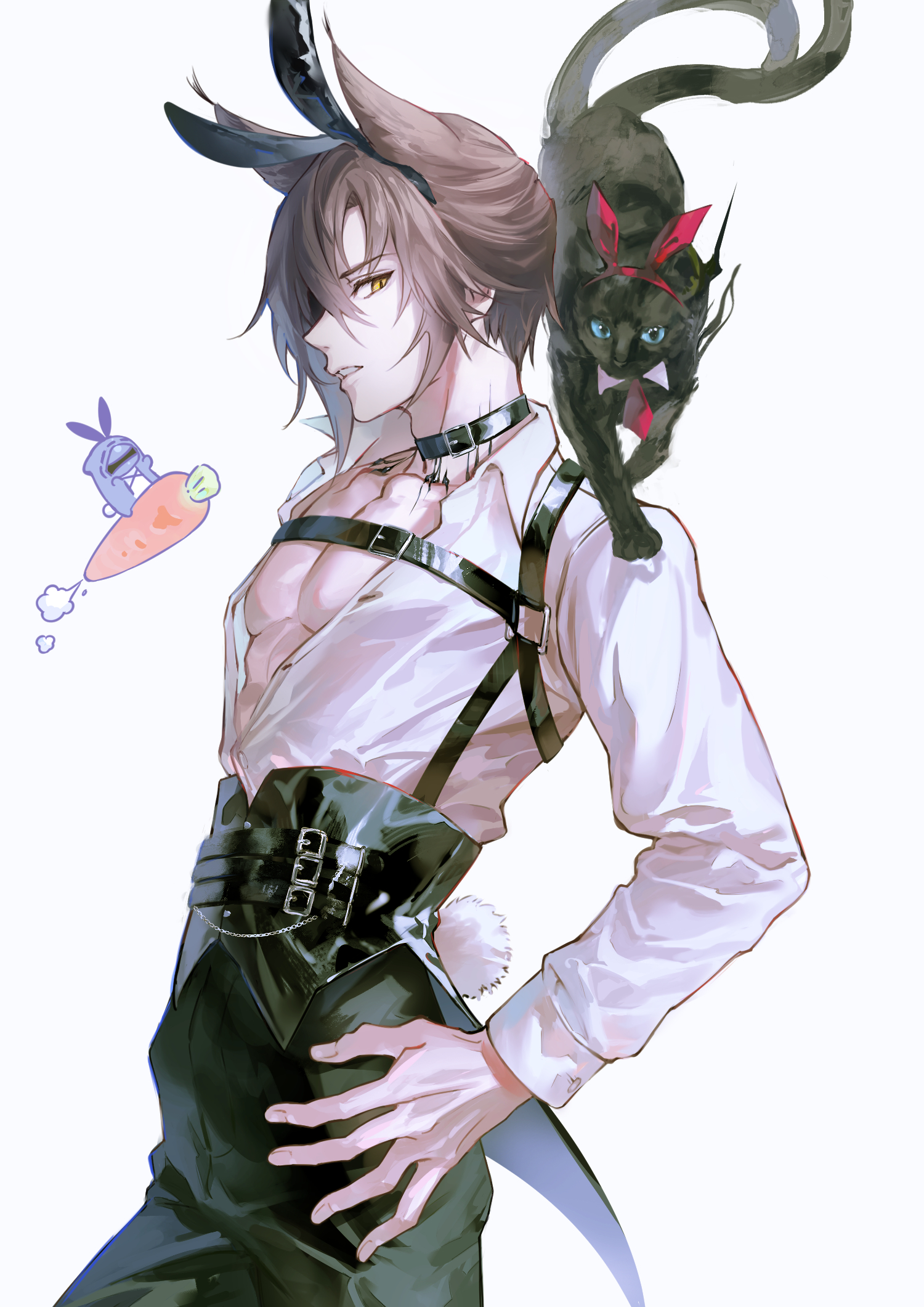 myluche, doctor (arknights), miss christine (arknights), phantom (arknights), arknights, commentary request, highres, 1boy, 1girl, 1other, alternate costume, animal, animal ears, animal on shoulder, black cat, black choker, black pants, blue eyes, brown hair, carrot, cat, cat ears, choker, fake animal ears, fake tail, hand on own hip, harness, long sleeves, mask, material growth, multiple tails, oripathy lesion (arknights), pants, plunging neckline, rabbit tail, shirt, simple background, tail, white background, white shirt, yellow eyes