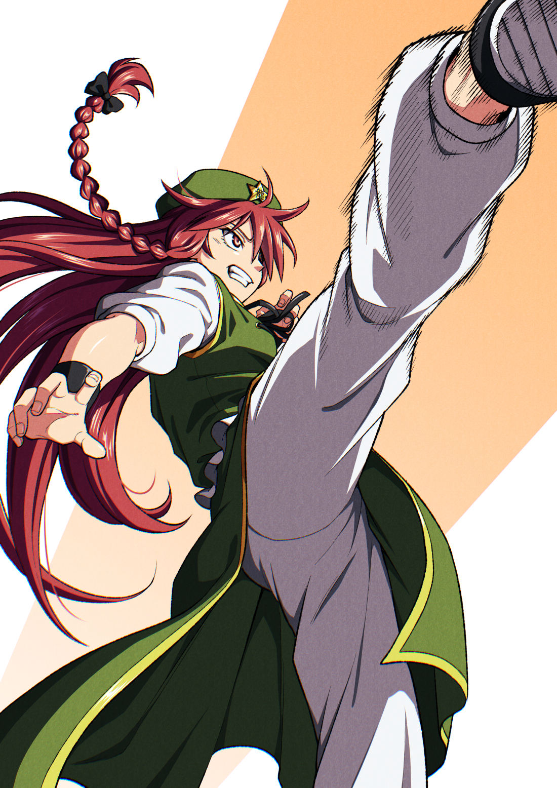 inuno rakugaki, hong meiling, touhou, highres, 1girl, black bow, bow, braid, braided sidelock, chinese clothes, clenched teeth, green hat, green skirt, green vest, hair bow, hat, high kick, kicking, long hair, motion lines, pants, red eyes, red hair, skirt, solo, standing, standing on one leg, teeth, vest, white pants, wristband