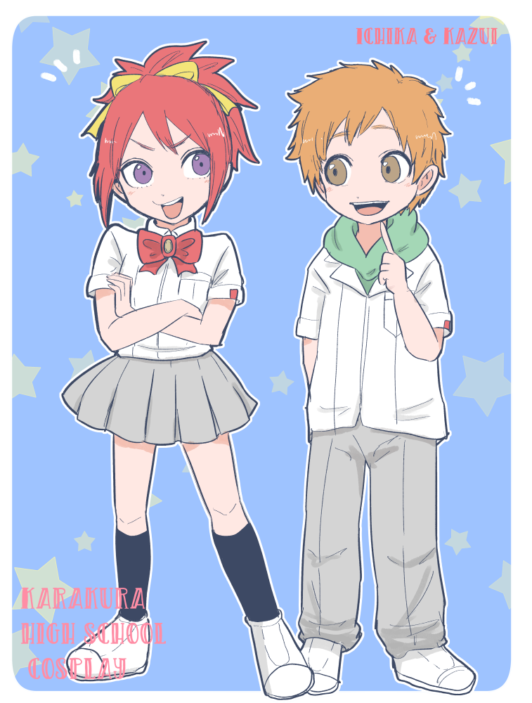 ikuno taso, abarai ichika, kurosaki kazui, bleach, bleach: epilogue, commentary request, 1boy, 1girl, black socks, bow, bowtie, brown eyes, character name, green hoodie, grey skirt, hair ribbon, hood, hoodie, miniskirt, open mouth, orange hair, purple eyes, red bow, red bowtie, red hair, ribbon, school uniform, shirt, shoes, skirt, smile, socks, untucked shirt, white shoes
