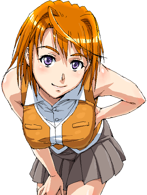 nigou, tokiha mai, my-hime, 00s, 1girl, bent over, blouse, blush, cowboy shot, female focus, hand on own hip, hand on own thigh, hip focus, oekaki, orange hair, orange shirt, purple eyes, school uniform, shirt, short hair, simple background, skirt, sleeveless, sleeveless shirt, smile, solo, white background