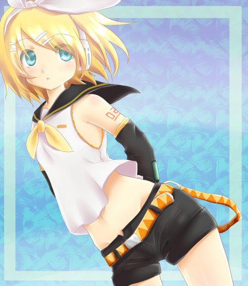 rai (rai-s), kagamine rin, vocaloid, 1girl, aqua eyes, blonde hair, detached sleeves, female focus, midriff, navel, short hair, shorts, solo