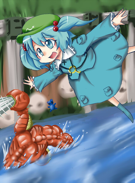 aruse yuushi, gusthead, kawashiro nitori, alien soldier, touhou, 1girl, :d, blue dress, crossover, dress, female focus, flat cap, hair bobbles, hair ornament, hat, long sleeves, open mouth, pocket, river, smile, solo, two side up, water