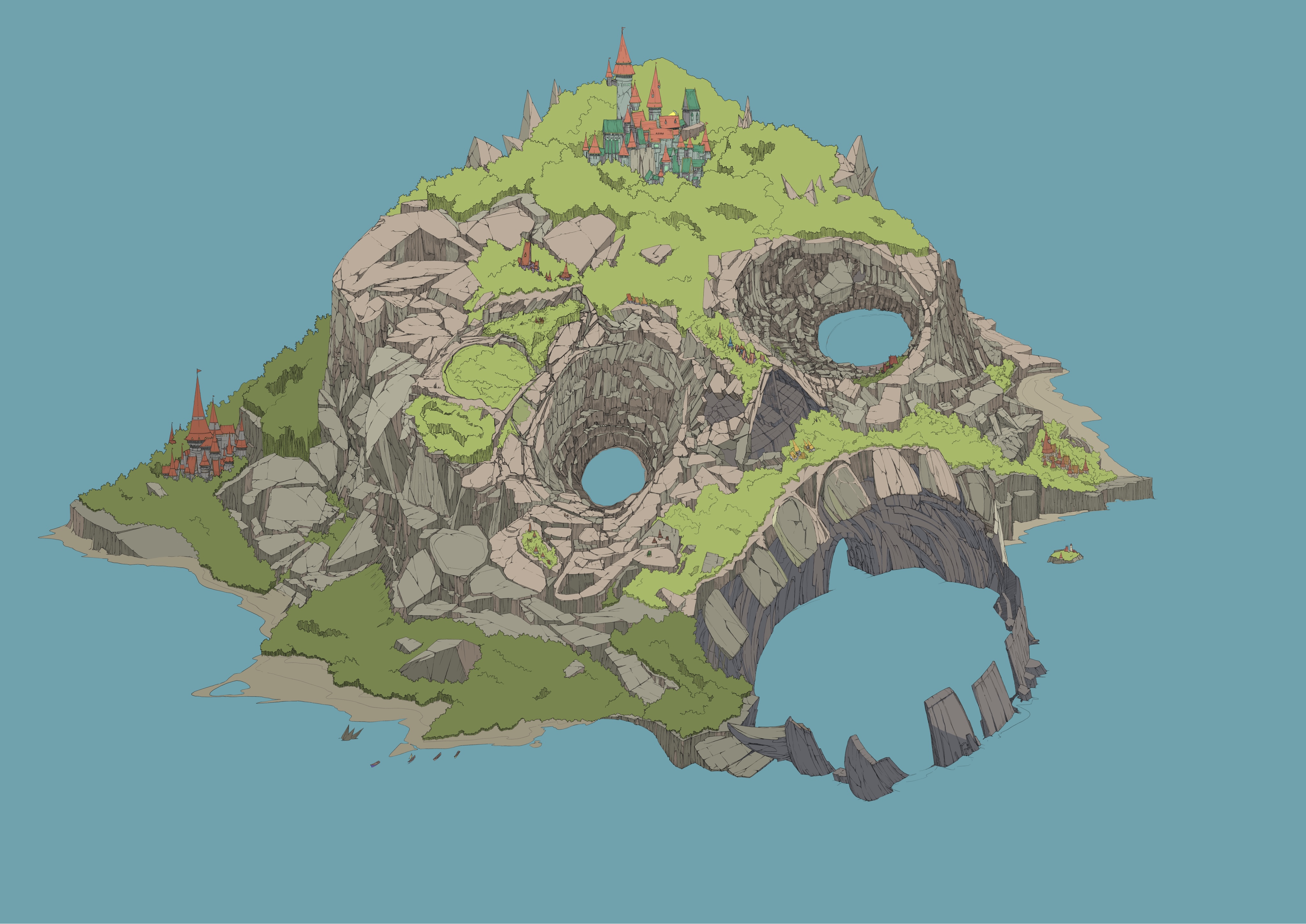 original, absurdres, commentary request, highres, cave, crater, forest, from above, genki (33209392), island, landscape, mountain, nature, no humans, pareidolia, town