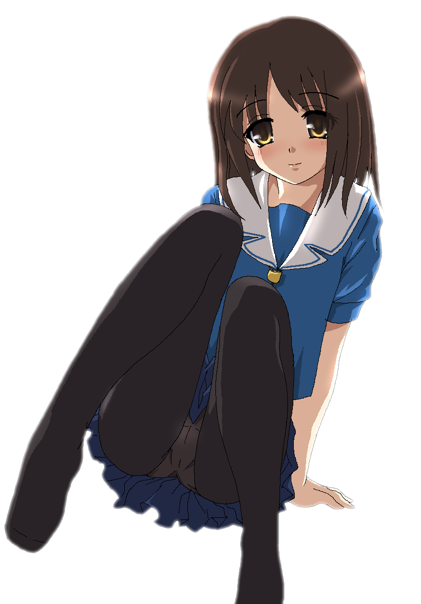hayashiya zankurou, kasuga ayumu, azumanga daiou, highres, 1girl, arm support, brown eyes, dutch angle, feet, female focus, head tilt, oekaki, panties, panties under pantyhose, pantyhose, pantyshot, school uniform, serafuku, sitting, skirt, smile, solo, underwear, white background, yellow eyes