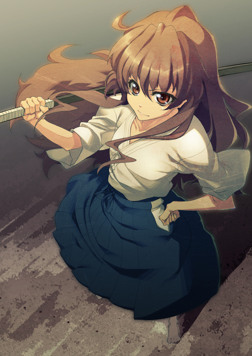 shima udon, aisaka taiga, toradora!, bad id, bad pixiv id, 00s, 1girl, bad anatomy, bad feet, barefoot, blue hakama, bokken, brown eyes, brown hair, female focus, from above, hakama, hakama skirt, hand on own hip, japanese clothes, long hair, over shoulder, poorly drawn, skirt, solo, sword, sword over shoulder, weapon, weapon over shoulder, wooden sword