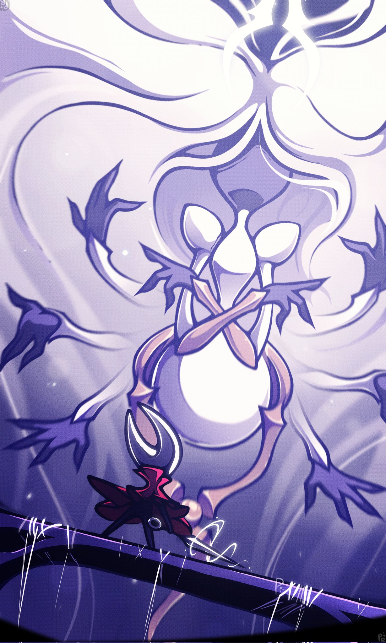 hornet (hollow knight), hollow knight, hollow knight: silksong, highres, 2girls, absurdly long hair, arthropod girl, black skin, boss fight, cloak, colored skin, facing another, floating hair, from behind, giant, giantess, grand mother silk (hollow knight), holding, holding needle, holding weapon, horned mask, long hair, looking at another, mask, multiple girls, needle, needle (hollow knight), no mouth, pinrhyme, red cloak, standing, very long hair, weapon, white hair, white mask