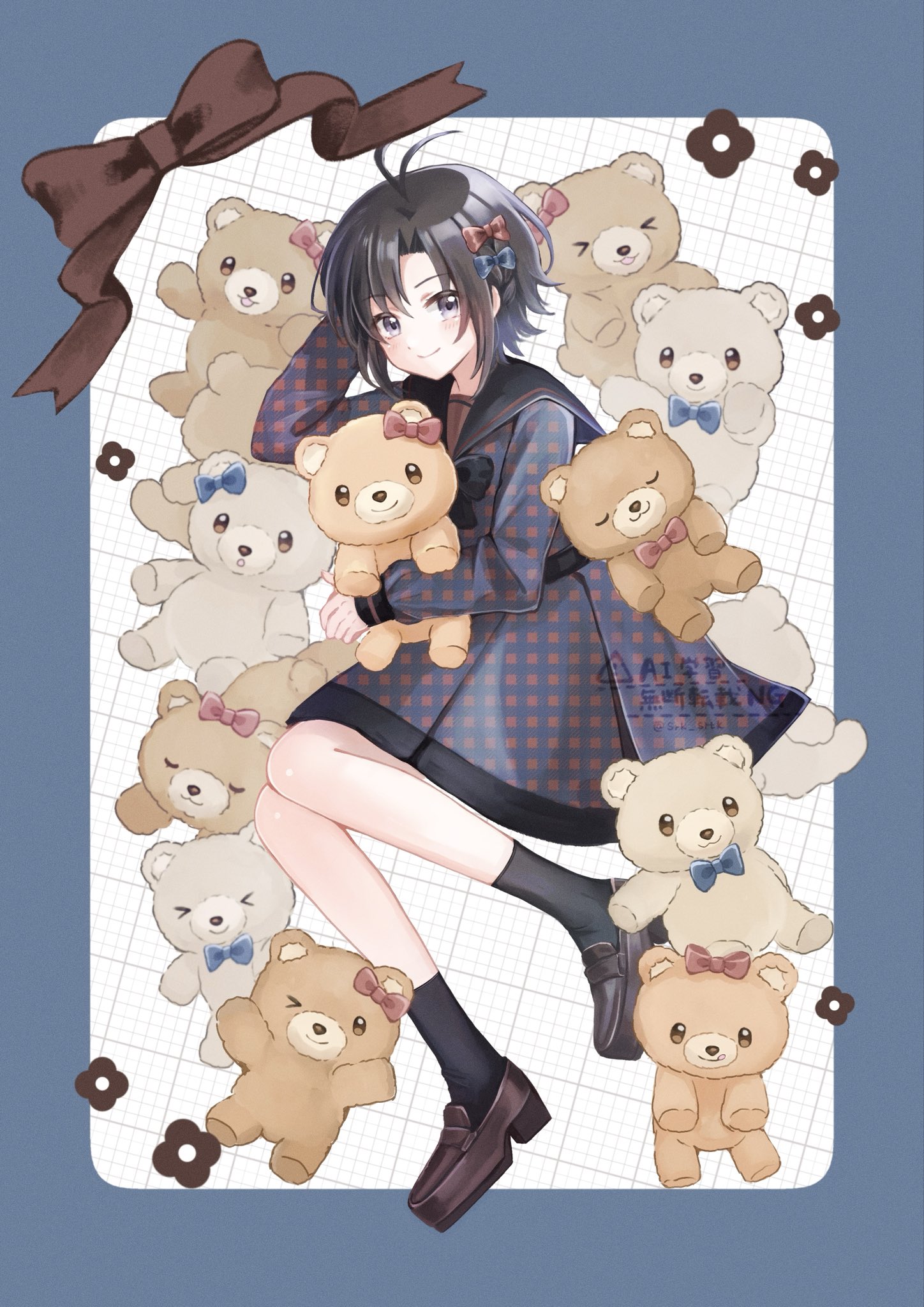 shirako (srk srtk), kikuchi makoto, idolmaster, idolmaster (classic), commentary, highres, symbol-only commentary, 1girl, antenna hair, black hair, black sailor collar, black socks, blue border, blue bow, blush, border, bow, brown shoes, closed mouth, dress, flower symbol, full body, grey eyes, grid background, hair bow, holding, holding stuffed toy, loafers, long sleeves, looking at viewer, plaid clothes, plaid dress, red bow, sailor collar, sailor dress, shoes, short hair, smile, socks, solo, stuffed animal, stuffed toy, teddy bear, watermark