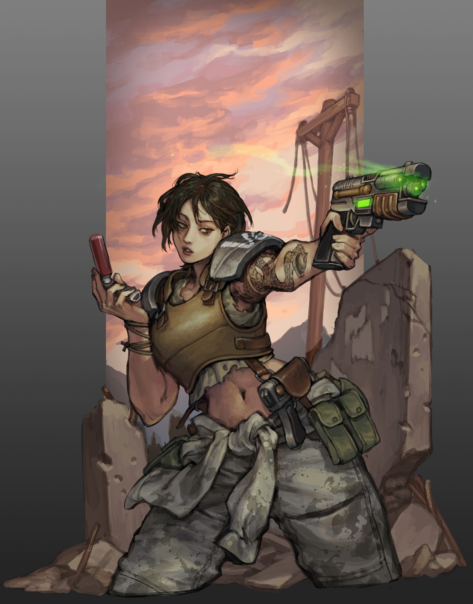 penett, fallout, highres, 1girl, aiming, ammunition pouch, arm tattoo, armor, black hair, border, bulletproof vest, clothes around waist, cloud, cloudy sky, drugs, grey border, gun, handgun, holster, inhaler, jacket, jacket around waist, jet (fallout), looking to the side, midriff, orange sky, pauldrons, pouch, ruins, short hair, shoulder armor, sky, smoke, smoking barrel, snake tattoo, solo, tattoo, utility pole, weapon