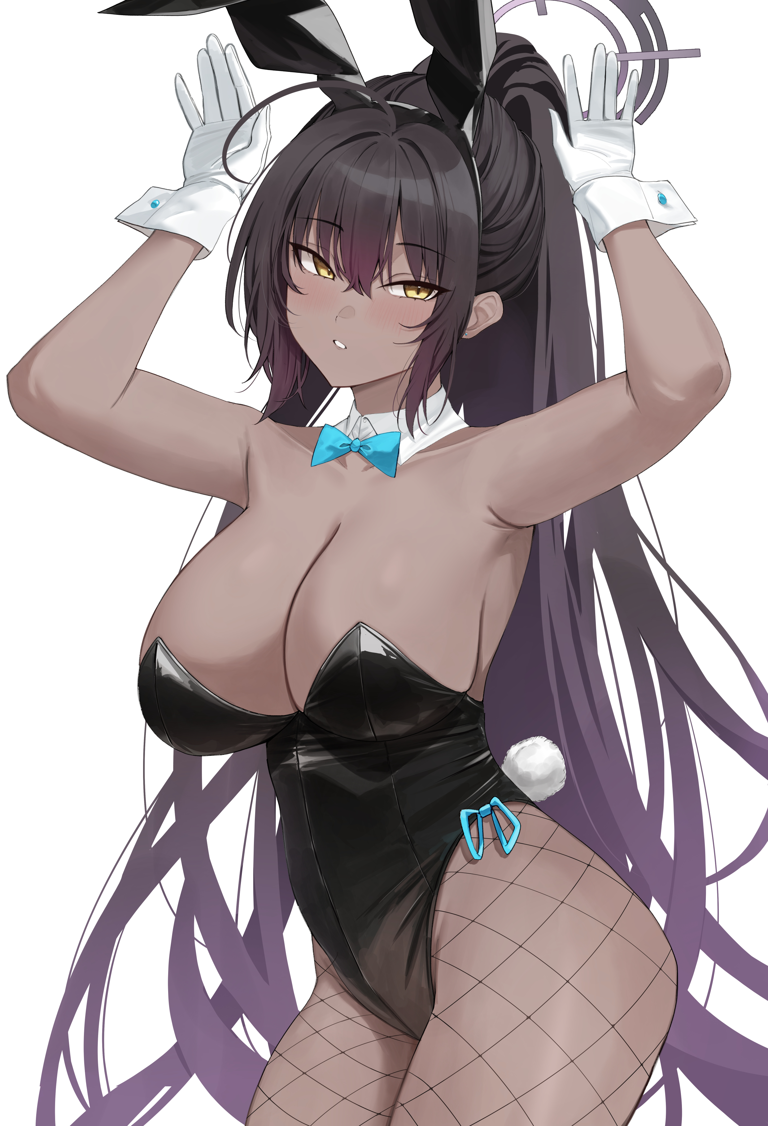 ref (pmxt4483), karin (blue archive), karin (bunny) (blue archive), blue archive, absurdres, commentary request, highres, 1girl, animal ears, armpits, black hair, black leotard, blue bow, blue bowtie, bow, bowtie, breasts, cleavage, detached collar, fake animal ears, fake tail, fishnet pantyhose, fishnets, gloves, large breasts, leotard, long hair, looking at viewer, multicolored hair, official alternate costume, pantyhose, playboy bunny, purple hair, rabbit ears, rabbit pose, rabbit tail, simple background, solo, tail, two-tone hair, very long hair, white background, white gloves, wrist cuffs, yellow eyes