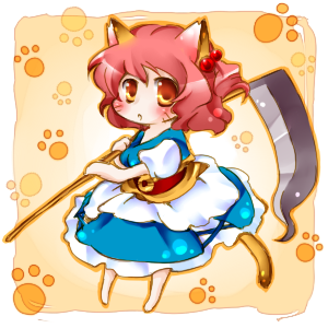 aoi mitsuru, onozuka komachi, touhou, lowres, 1girl, animal ears, barefoot, cat ears, cat girl, cat tail, chibi, female focus, full body, hair bobbles, hair ornament, kemonomimi mode, orange eyes, red hair, scythe, solo, standing, tail, twintails, two side up