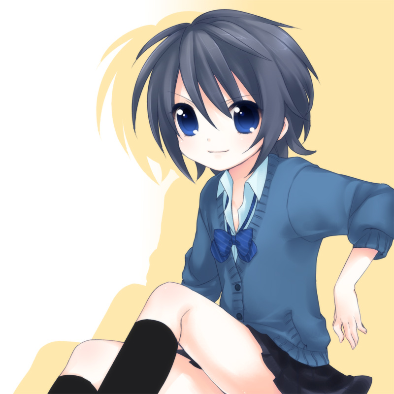usashiro mani, original, bad id, bad pixiv id, black hair, blue eyes, school uniform, short hair, sitting, skirt, smile, solo