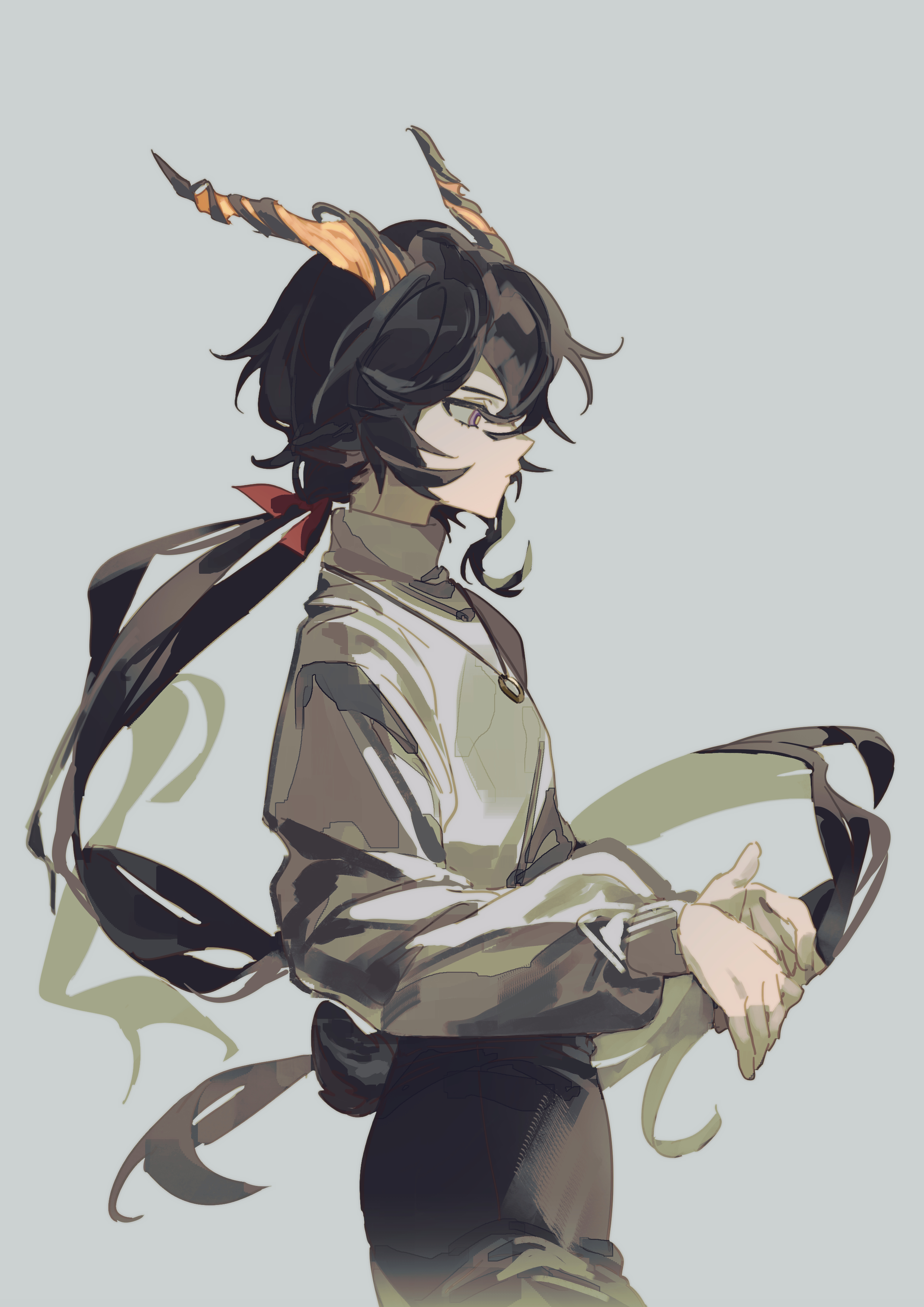ebenholz (arknights), arknights, absurdres, commentary, highres, symbol-only commentary, 1boy, animal ears, black hair, black pants, bow, chok (chskchrd7), cowboy shot, from side, goat boy, goat ears, goat horns, goat tail, grey background, hair bow, half-closed eyes, horns, long hair, long sleeves, looking down, male focus, pants, red bow, shirt, sidelocks, solo, tail, very long hair, white shirt