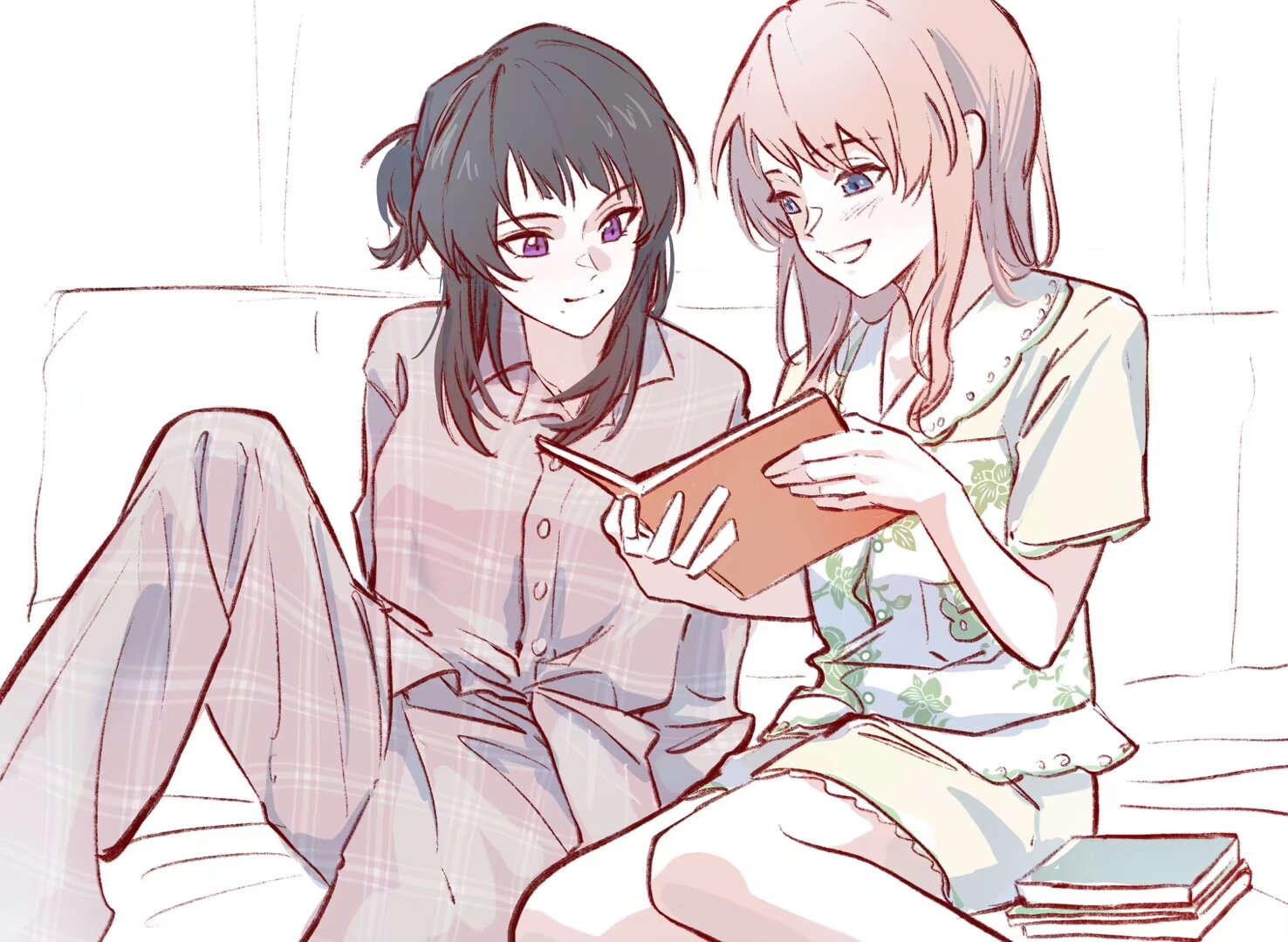 hero45439083942, bang dream!, bang dream! it's mygo!!!!!, original, chinese commentary, commentary request, 2girls, black hair, blue shorts, book, closed mouth, grey eyes, half updo, holding, holding book, long hair, medium hair, mole, mole under mouth, multiple girls, nagasaki anna, open mouth, pajamas, pants, pink hair, pink pants, pink shirt, purple eyes, shiina misuzu, shirt, shorts, sidelocks, white shirt