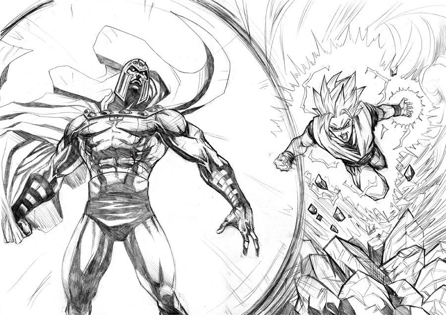 miguel mendonca, mikemaluk, magneto, son goku, dragon ball, dragonball z, marvel, x-men, 2boys, battle, cape, crossover, epic, flying, greyscale, helmet, male focus, monochrome, multiple boys, super saiyan