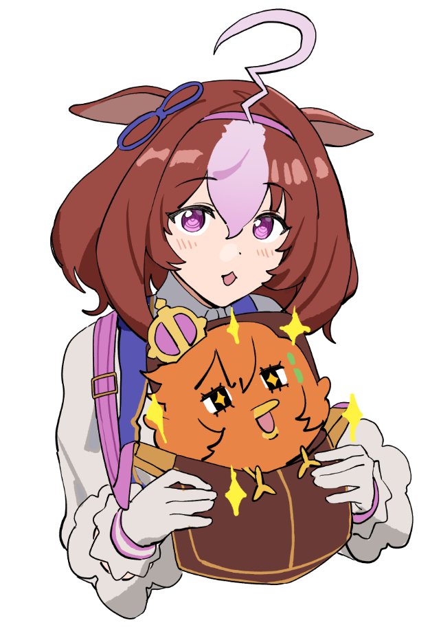 fikkyun, meisho doto (umamusume), t.m. opera o (umamusume), umamusume, 1girl, :3, ahoge, animal, animal ears, animalization, bag, beak, bird, bow, brown hair, crown, ear ribbon, ears down, hair between eyes, hairband, horse ears, horse girl, long sleeves, looking at viewer, medium hair, meme, mini crown, multicolored hair, open mouth, orange hair, pink hairband, purple eyes, short hair, simple background, sparkle, two-tone hair, white background, white hair