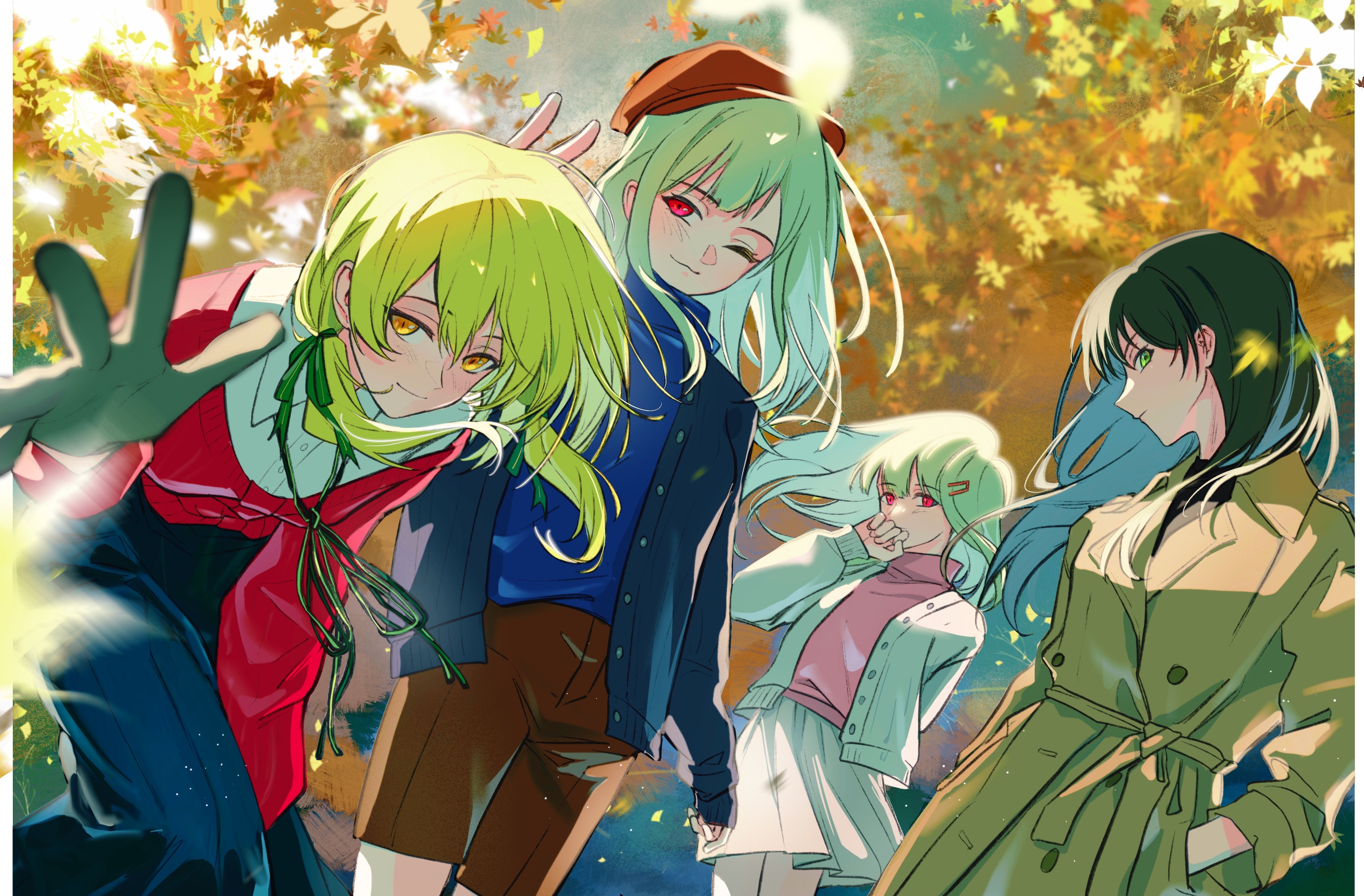 hero45439083942, togawa hazuki, yahata riko, bang dream!, bang dream! it's mygo!!!!!, original, absurdres, chinese commentary, commentary request, highres, 4girls, autumn, black gloves, black hair, blonde hair, blue cardigan, blush, brown shorts, cardigan, closed mouth, gloves, green hair, hat, jacket, long hair, looking at viewer, multiple girls, pink shirt, red cardigan, red hat, shirt, shorts, siblings, sisters, skirt, twins, white jacket, white shirt, white skirt, yellow eyes