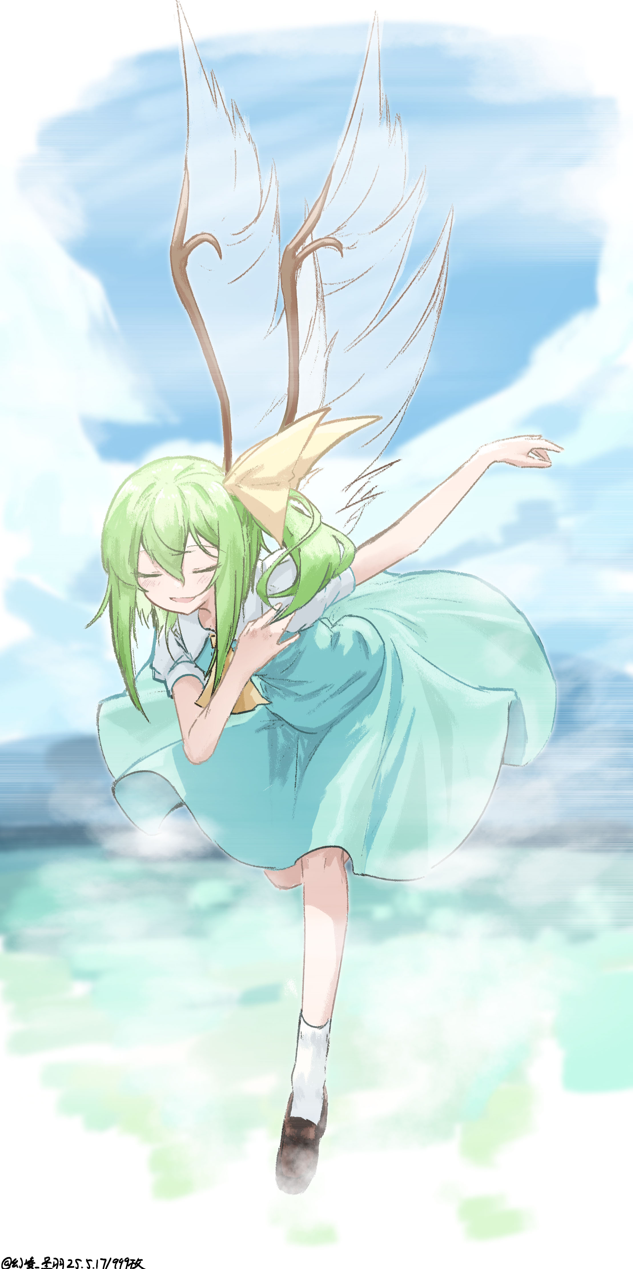 ve1024, daiyousei, touhou, absurdres, commentary request, highres, 1girl, aqua dress, ascot, bare arms, bent over, blush, bowing, bowing and scraping, closed eyes, dated, dress, fairy, fairy wings, feathered wings, green hair, hair between eyes, hair ribbon, leaning forward, one-hour drawing challenge, one side up, outdoors, outstretched arm, ribbon, shirt, smile, socks, solo, white shirt, white socks, wings, yellow ascot, yellow ribbon