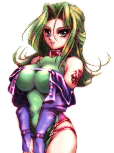hisahiko, lamia loveless, banpresto, super robot wars, blush, breasts, breasts squeezed together, green eyes, green hair, large breasts, long hair, solo, tattoo