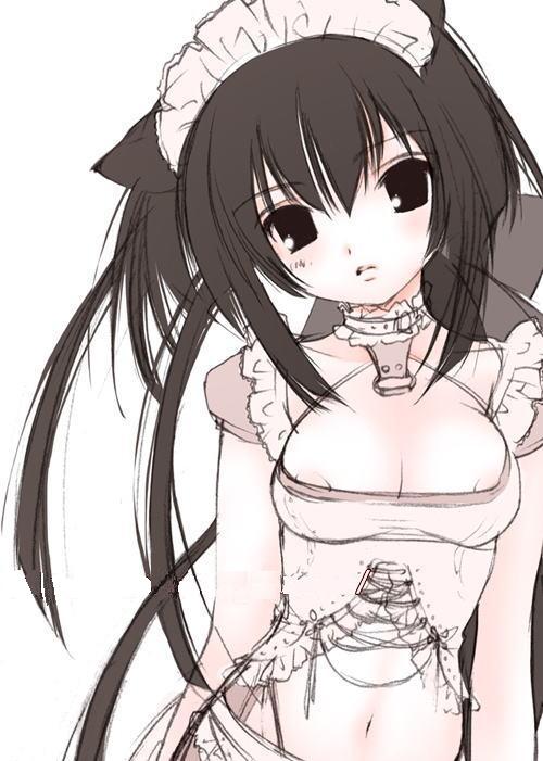 1girl, areola slip, black eyes, black hair, breasts, female focus, maid, navel, solo
