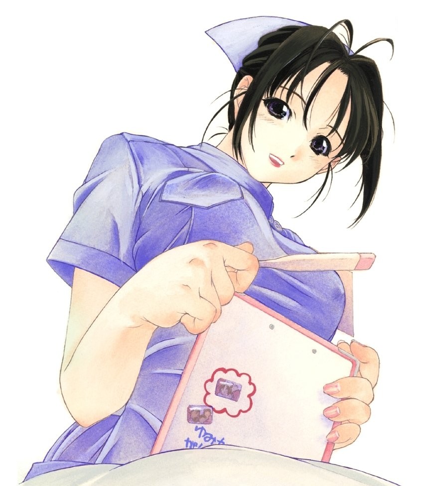 1girl, black eyes, black hair, breasts, covered erect nipples, female focus, large breasts, nurse, solo, thermometer