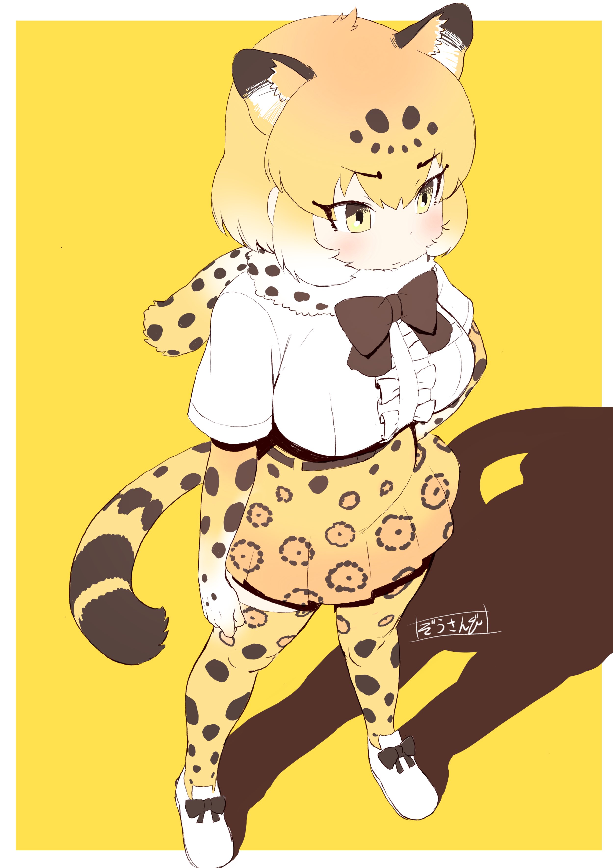 masuyama ryou, jaguar (kemono friends), kemono friends, absurdres, highres, 1girl, animal ears, animal print, blonde hair, blush, bow, bowtie, breasts, elbow gloves, fur collar, gloves, jaguar ears, jaguar girl, jaguar tail, large breasts, leopard print, multicolored hair, print skirt, print thighhighs, shirt, short hair, short sleeves, skirt, smile, tail, thighhighs, yellow eyes