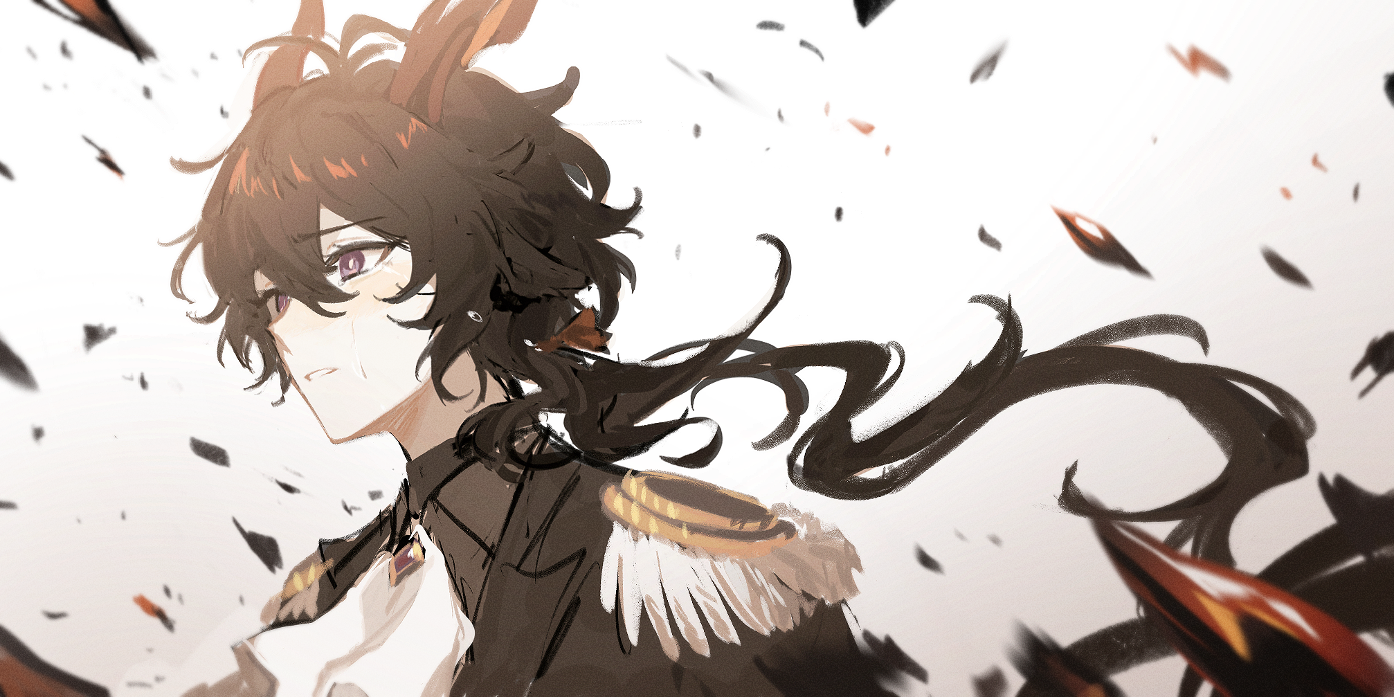 rei (926qz), ebenholz (arknights), arknights, commentary request, highres, 1boy, animal ears, ascot, black hair, black jacket, black shirt, blush, bright pupils, crying, crying with eyes open, epaulettes, goat boy, goat ears, goat horns, gradient background, horns, jacket, long hair, male focus, parted lips, ponytail, purple eyes, shirt, simple background, solo, tears, upper body, wavy hair, white ascot, white pupils
